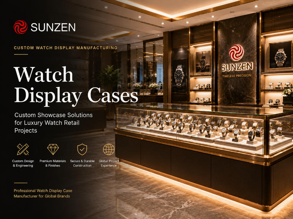 Custom watch display cases manufactured by SUNZEN for luxury watch retail projects